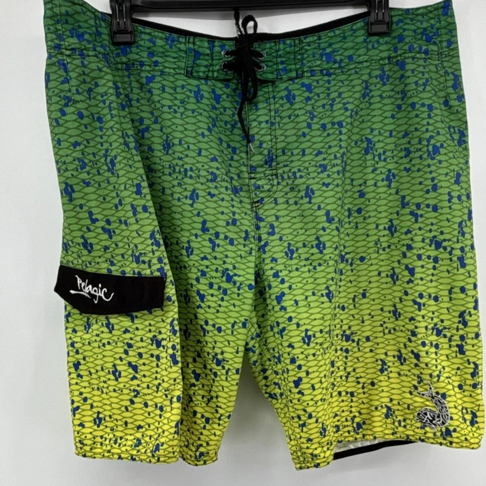 Pelagic Fish Scale Pattern Fishing Board Shorts Green Yellow Blue Athletic 40